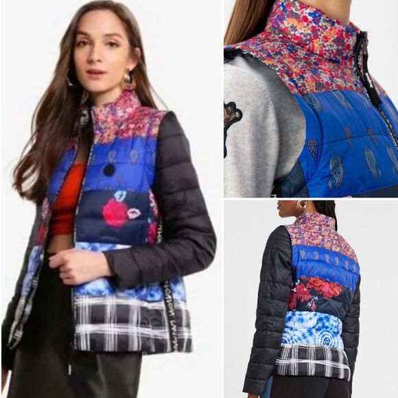 NWT Desigual 2-in-1 Jacket Vest "Copenhagen" Patch Prints Eco Padded Packable XS - Picture 1 of 16